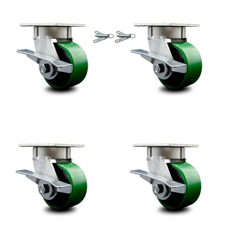 Service Caster 4 Inch Kingpinless Green Poly on Steel Wheel Caster Brakes 2 Swivel Locks, 4PK SCC-KP30S420-PUR-GB-SLB-BSL-2-SLB-2